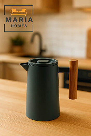 MARIA HOMES Modern Matte Insulated Thermos Jug with Wooden Handle – 1 Liter, Dark Grey