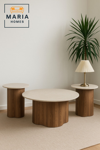 MARIA HOMES Modern 3-Piece Beige Marble Coffee Table Set with Brown Wooden Base for Living Room