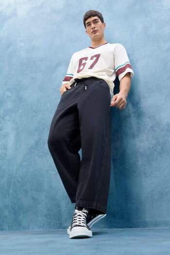 DeFacto 100% Cotton Barrel Fit Waist Lace-Up Elastic Wide Leg Jean Washed Trousers F8354Ax25Au