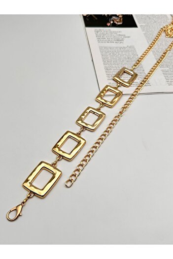 MODAM HİFA Square Gold Buckle Chain Belt Women's Belt Dress Belt Shirt Belt Coat Belt Trouser Belt