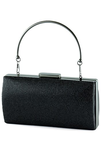 Erkan Saçmacı Black Satin Crystal Stone Metal Handle Evening Dress Clutch Bag