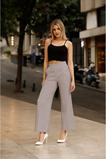 adba style 4002 Gri Palazzo Lastikli Yüksek Bel Cepli Dokuma Kadın Pantolon