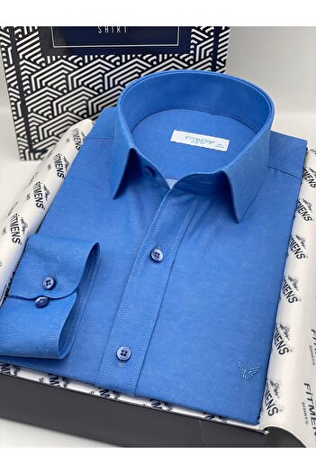 Fitmens Slim Fit Uzun Kol Saten Hediye Kutulu Kolay Ütülenebilir Erkek Gömlek FS-002968 - Saks Mavi