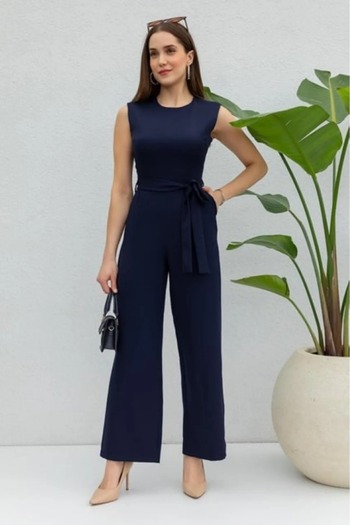 Laluvia Navy Blue Striped Atlas Jumpsuit