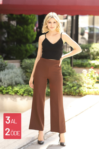 Feela Moda High Waist 1002 Model Brown Palazzo Women's Trousers - Lycra Woven