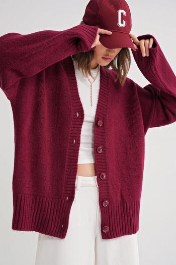 Mixray 6927 Claret Red Women's Knitwear Cardigan - Soft and Loose Basic Model