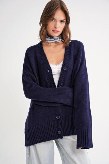 Mixray 6927 Women's Soft Textured Loose Basic Knitwear Cardigan Navy Blue