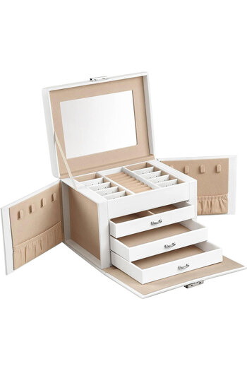 SONGMICS 4-Tier Jewelry Box, 3 Drawers, Mirror and Lock, 18x23x17cm, White