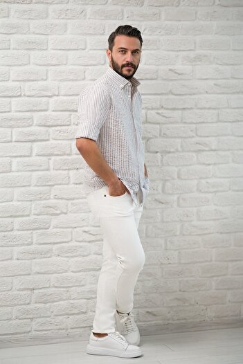 alenmeza Slimfit Fit Collar Buttoned Striped Summer Seersucker Fabric Men's Shirt