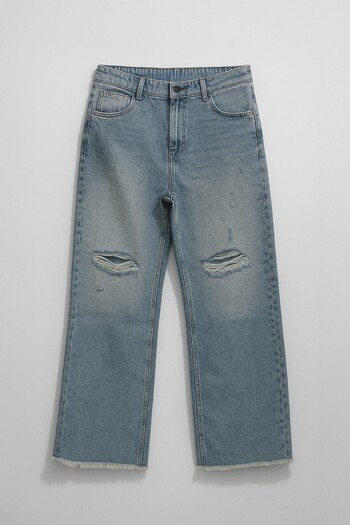 Bluewhite Women's High Waist Wide Leg Ripped Ice Blue Jean Trousers
