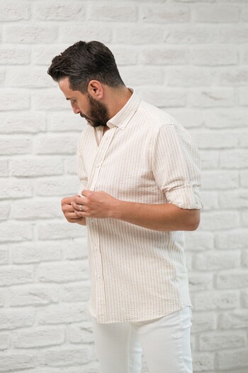 alenmeza Slimfit Fit Collar Buttoned Striped Summer Seersucker Fabric Men's Shirt