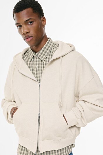 Pull & Bear Kısa kesim kapüşonlu fermuarlı sweatshirt