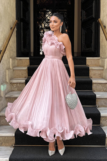 giyimmasalı Chiffon Fabric One Sleeve Evening Dress - Powder