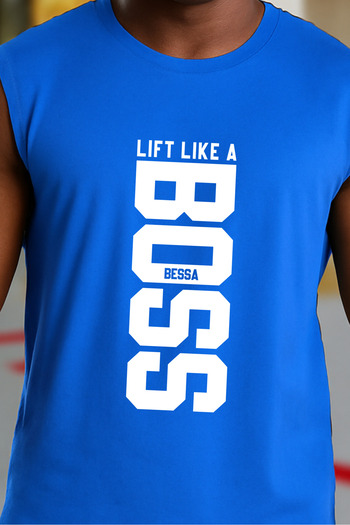 BESSA Blue Printed Sports Tank Top Crew Neck Cotton Sleeveless Tank Top Lift Like Men