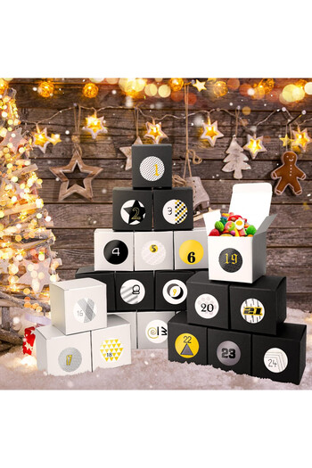 Thexiu Set calendar Advent de Crăciun, hârtie, argintiu/negru, 7 x 7 x 7 cm, 25 bucăți