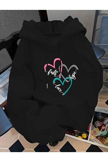 caddekombin Faith Hope Love Printed Hooded Pocket Black Sweatshirt with Wool Inside