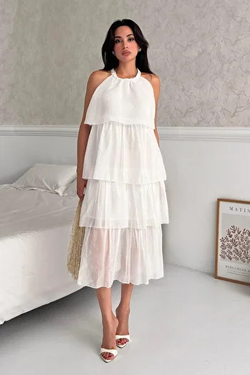 Serica Moda Rochie midi din șifon cu guler cu volane ecru