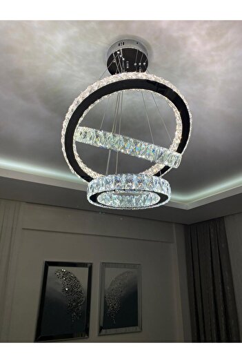 Retro KRİSTAL TAŞLI 3 KATLI 3 RENK YANAN LED'Lİ AVİZE
