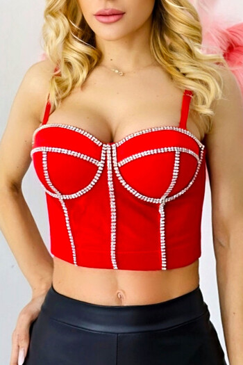 FashionForYou YUKA corset with handmade crystals, metal boning, and push-up effect, Red