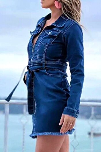 FashionForYou Rochie scurtă Deniza, din denim elastic, cu fermoar și șnur de strângere, Albastră
