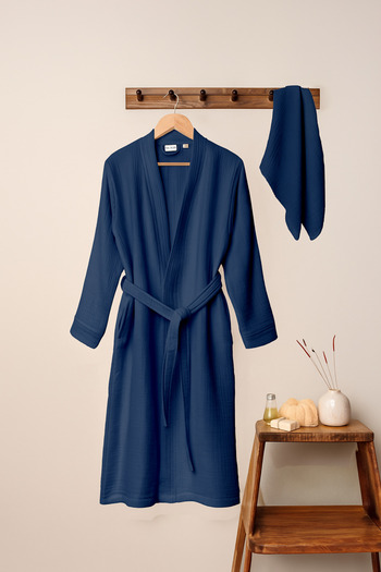 Denizli Concept Unisex Kimono Muslin Bathrobe Towel Set Navy Blue