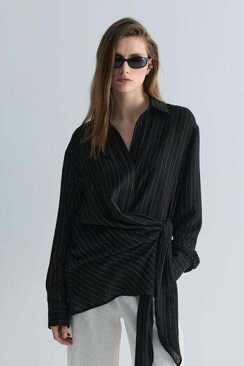 Suud Collection Black Lino Tie-Up Linen Shirt