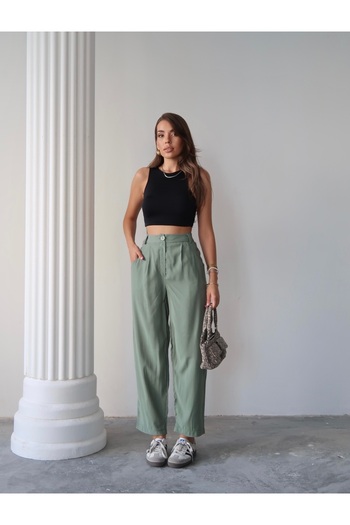Paw Garage Women's Taylor Modal Cupra Fabric Back Pocket Cover Detail Trousers, Summer Business Pants