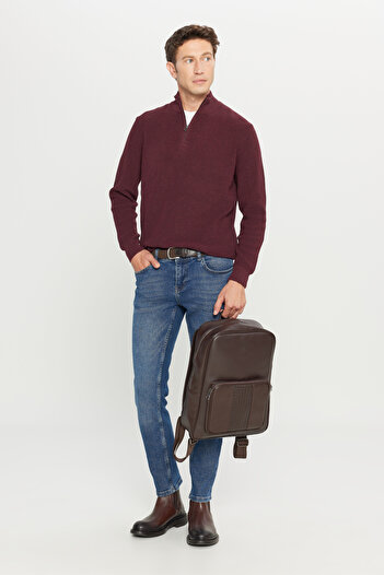 AC&Co / Altınyıldız Classics Men's Burgundy Cotton Zippered Bato Collar Jacquard Standard Fit Regular Cut Knitwear Sweater