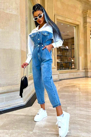 FashionForYou Salopetă din denim Phares, textură bicoloră cu talie evidențiată, Albastru/Alb