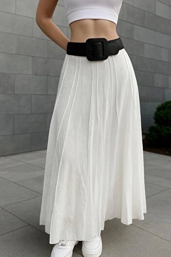 VibeGaia Women's White Wrinkled Textured High Waist Long Pleated Skirt
