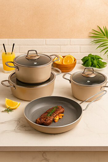 EVİNDA Pan-Dora 7 Piece Crystal Cast Iron Cookware Set – Fireproof Non-Stick, Oven Safe