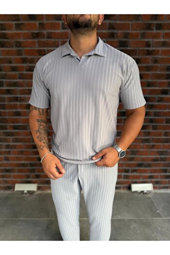 Combineman35 Polo Neck Vertical Striped Men's T-Shirt