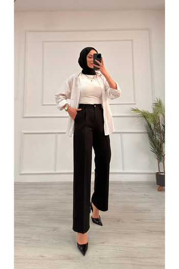 DESTEMODA Women's Bell Pleated Palazzo Trousers Black 2500