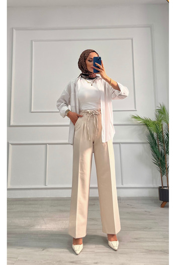 DESTEMODA Women's Bell Belt Rope Detailed Palazzo Trousers Stone Color 2501