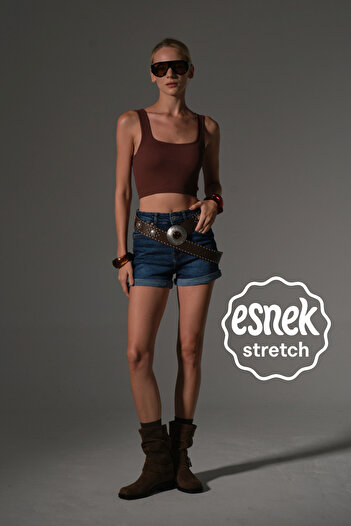 Maule Stretchy Cotton Fabric Leg Fold 5 Pocket Mini Women Jean Shorts @Katmer