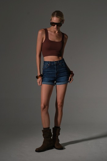 Maule Stretchy Cotton Fabric Leg Fold 5 Pocket Mini Women Jean Shorts @Katmer