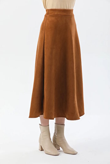 YUSUF CAN KARATAŞ KARATAŞ GİYİM Women's Hijab Suitable Suede Fabric Kiloş Bell Skirt - Tan Color Height 90cm