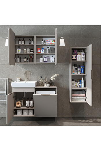 ROOMART Dubai Mdflam Sepetli Banyo Dolabı Seti, Lavabolu Alt Dolap + Aynalı Banyo Üst Dolabı + Boy Dolabı