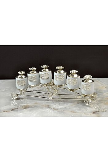 AZADE BAKIR Silver Rice Japongue Long Porcelain Set of 6 Spice Bowl and Stick Roller