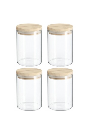 5five Simple Smart Σετ 4 δοχείων 5Five Woods, 600 ml, βοριοπυριτικό γυαλί, καπάκι από ξύλο καουτσούκ, 10 x Υ 14 cm