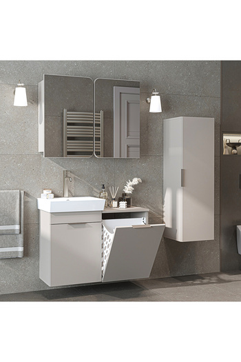 ROOMART Dubai Mdflam Sepetli Banyo Dolabı Seti, Lavabolu Alt Dolap + Aynalı Banyo Üst Dolabı + Boy Dolabı