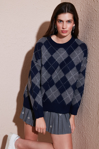 Lela Oversize Fit Crew Neck Argyle Sweater Sweatshirt 4615579