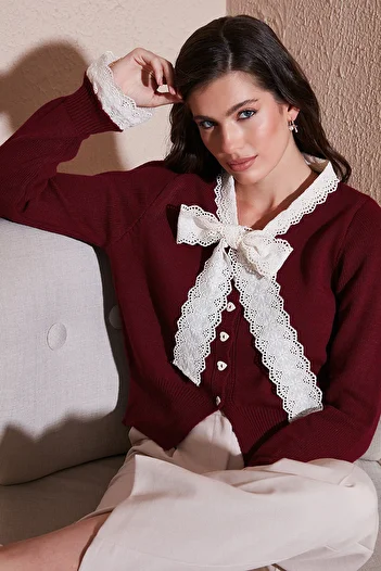 Lela Premium Lace Tie Collar Regular Fit Button Knitwear Cardigan Cardigan 680Hi00251