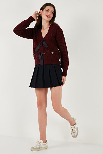 Lela Premium Regular Fit V Neck Bow Tie Detail Knit Patterned Knitwear Cardigan Cardigan 680Kz194