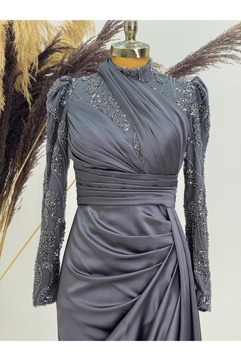 PİENNAR Asude Evening Dress with Beaded Front Draped Tail