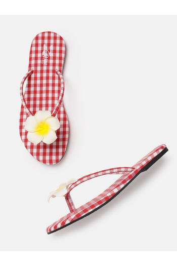 ZORIWORLD BAHAMAS Red Gingham Summer Flats - Memory Foam & Floral Embellishment