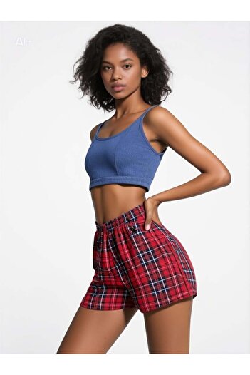 Pemilo Women's Plaid Patterned Lycra Shorts Claret Red