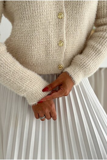 FEMELLE Beige Gold Button Detailed Soft Knitwear Cardigan - Standard Size