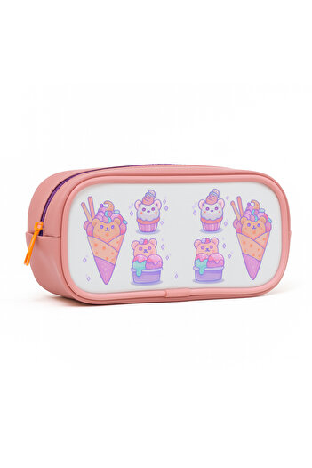 MUCCO 01112 Pink Color Teddy Bear Patterned Pvc Transparent Waterproof Single Compartment Pen Holder Pencil Case