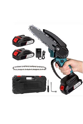 divendi-ro Cordless electric mini chainsaw, 4-inch blade, 2 x 48V batteries, case and accessories, black-blue